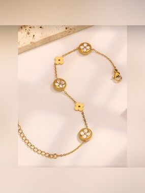 Gold Plated Stainless Steel White Clover Bracelet